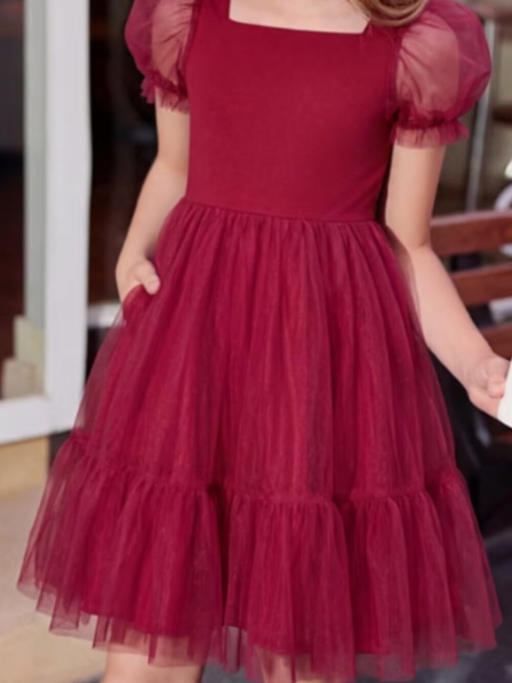 Tulle Girls Red Bow Tie Back Puff Sleeve Dress Size 16